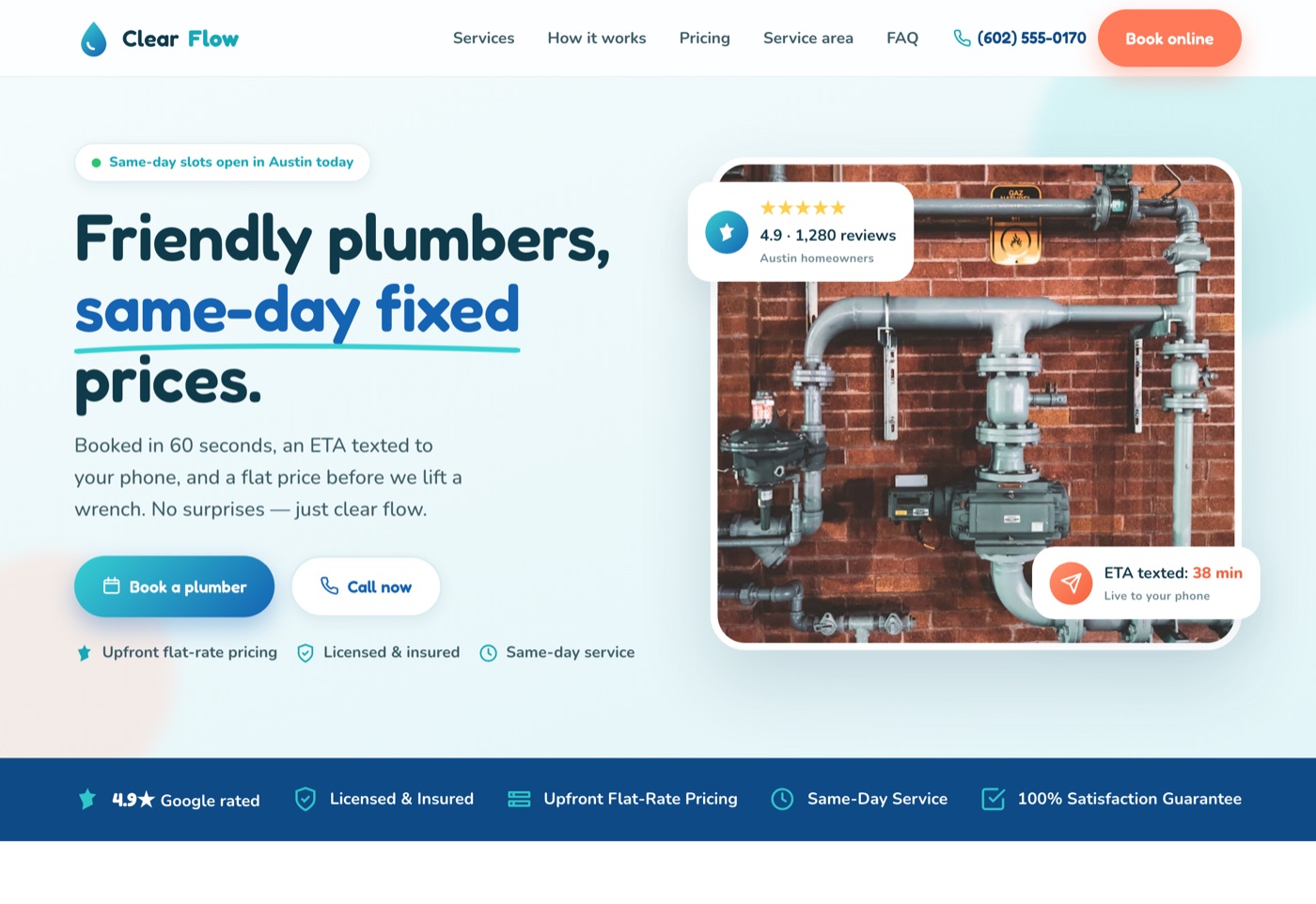ClearFlow Plumbing website — same-day booking homepage